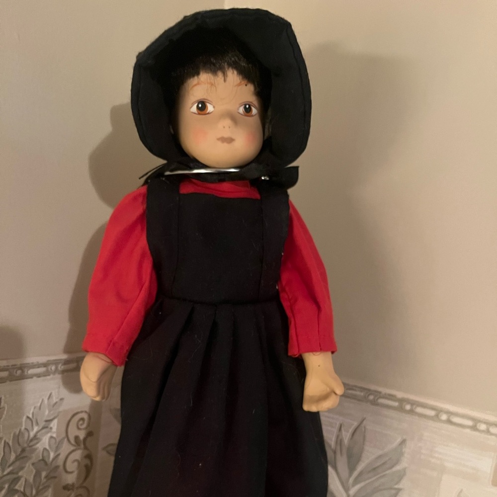 Vintage Amish Girl 13” Doll With Stand